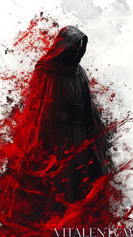 Shrouded dark warrior engulfed in violent crimson strokes.
