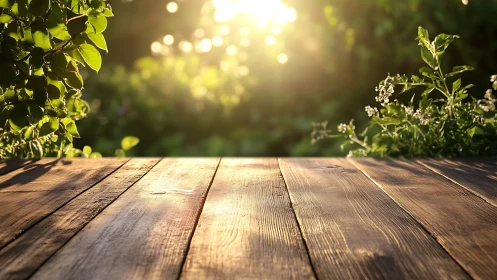 Rustic wooden table with garden plants in warm morning sunlight.