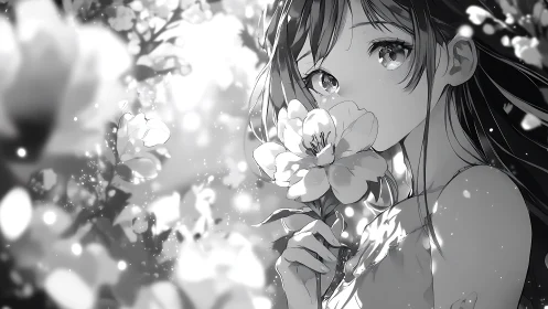 Monochrome anime portrait applies shallow depth and bokeh bloom