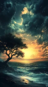 Solitary coastal tree before illuminated clouded horizon.