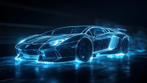Futuristic sports car in glowing neon wireframe digital art style.