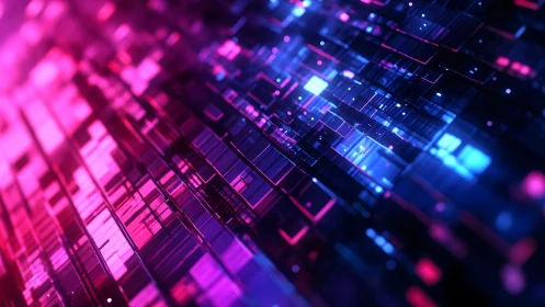 Futuristic digital grid with neon pink and blue lights, abstract style.