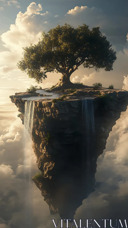 Lone tree on floating cliff with cascading edge waterfalls.