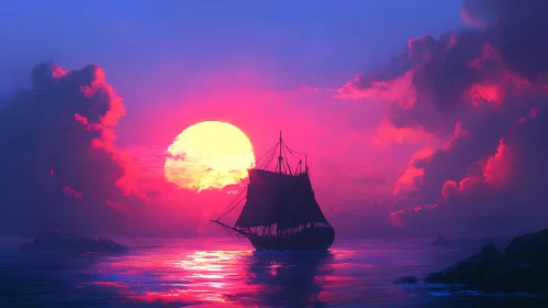Sailing silhouette against neon magenta cinematic sunset seascape.