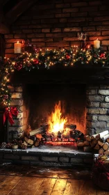 Emberlit holiday hearth glowing under garlanded brickwork.