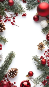 Cozy Christmas greenery with red ornaments and pinecones.