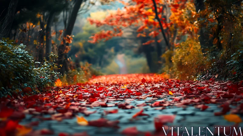 Crimson autumn path invites quiet walks beneath glowing trees