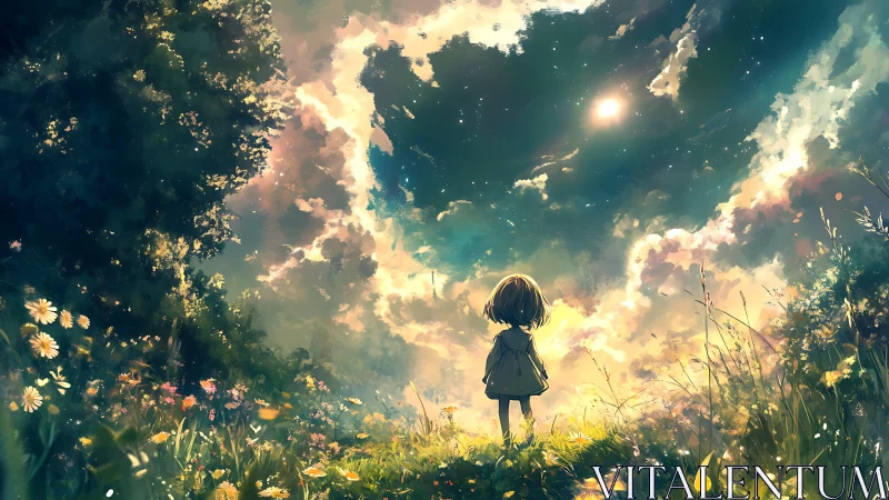 Child gazes into glowing sky where wildflowers meet light