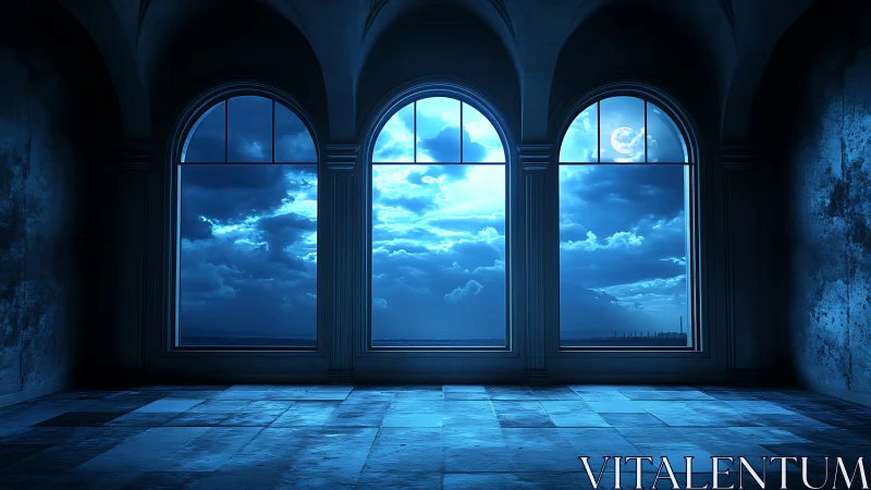 Moonlit colonnade interior frames high-contrast nocturnal cloudscape