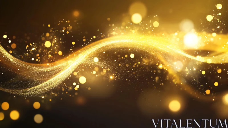 Shimmering golden light wave with sparkling particles, abstract art.