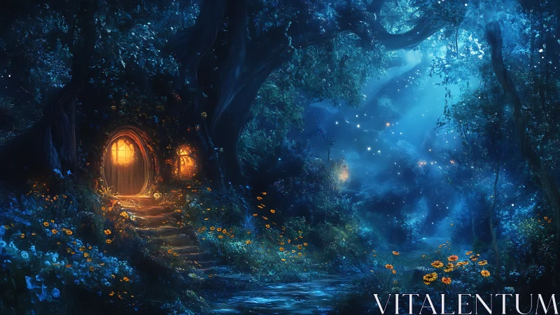 Enchanted forest dwelling glows amid bioluminescent night flora