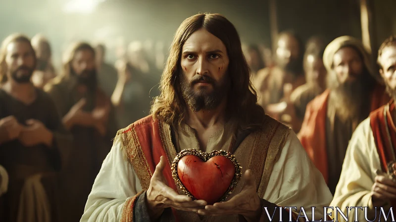 Figure with wounded heart held forward in solemn crowd.