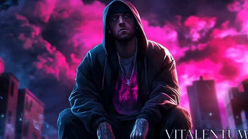 Hooded urban man under neon pink city night sky.
