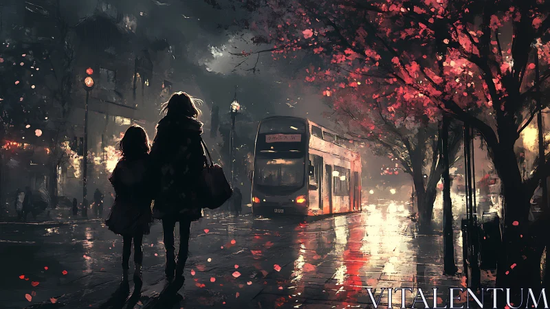 Parent and child at dusk near double decker bus and blossoms