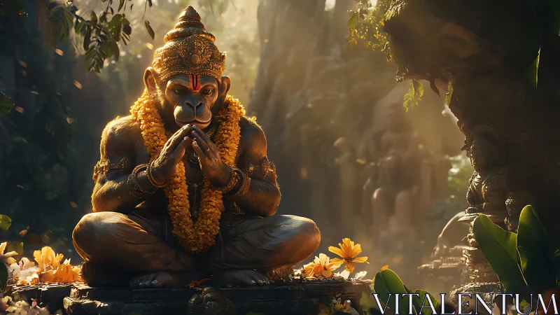 Meditating simian deity rendered with cinematic volumetric lighting