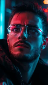 Neon city glow framing a thoughtful face in cool tones.