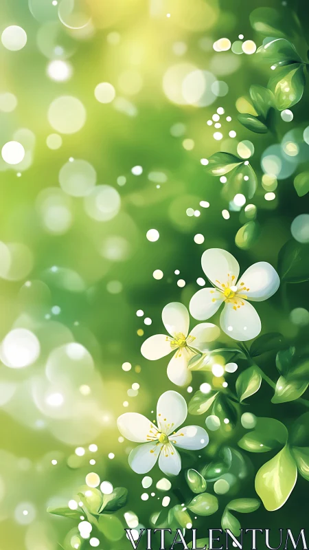 White blossoms bloom amid green foliage bokeh.
