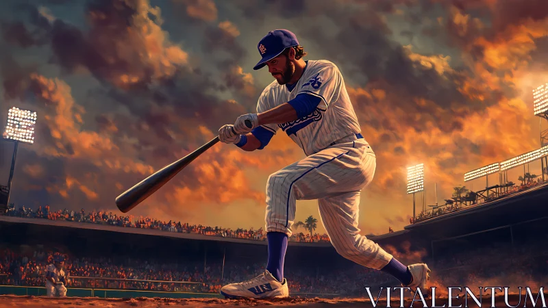Sunlit ballpark slugger captured mid-swing in dynamic perspective