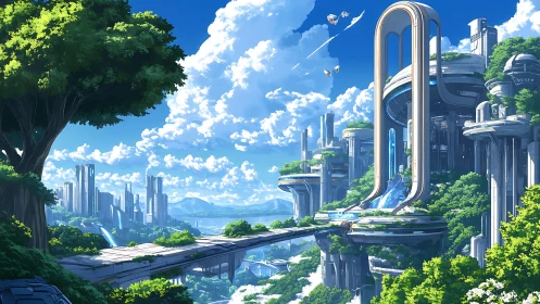 Futuristic elevated city with integrated greenery and skyways.