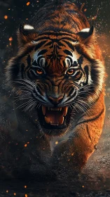 Roaring tiger charge amid embers in dynamic close perspective.