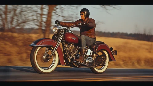 Sunset highway rumble with vintage crimson motorcycle swagger.