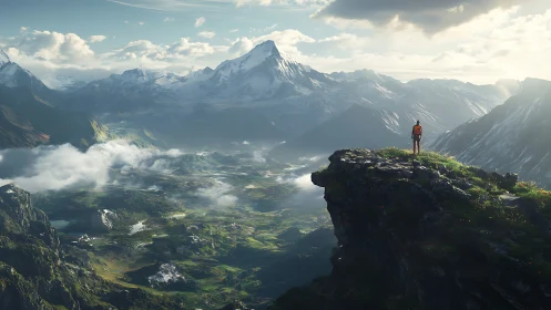 Solitary hiker watches misty valley beneath snowy peaks.
