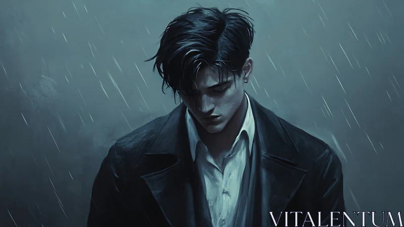 Male figure in rain lowers head beneath diffuse lighting