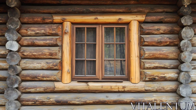Sunny cabin window framed by weathered woodland logs.
