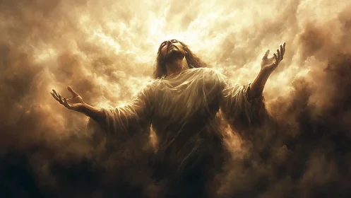 Radiant figure rising through clouds of golden light.