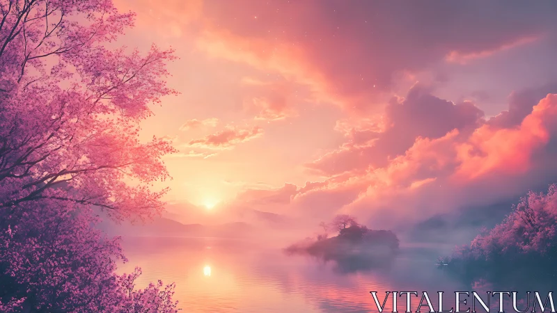 Dreamy pink dawn over a tranquil misty lakeside landscape.