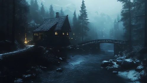 Snowy forest cabin glows beside misty river bridge