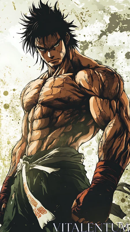 Battle-worn anime fighter stands defiant in gritty light