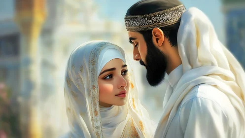 Islamic Romance: Digital Portrait of Couple in Traditional Dress.