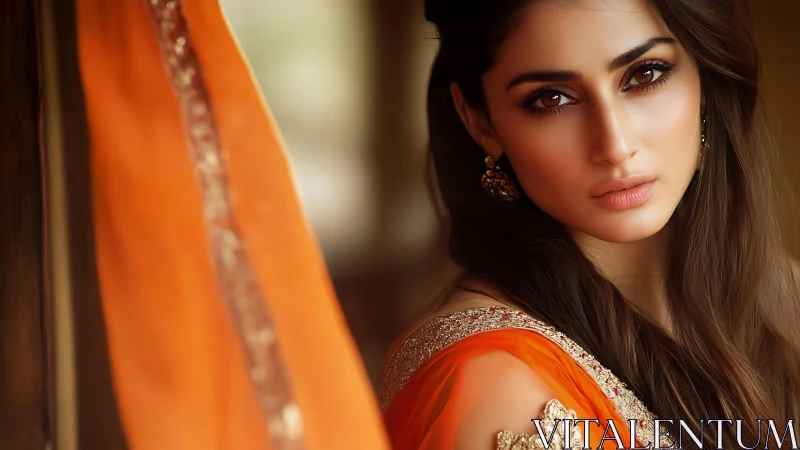Photorealistic portrait with warm bokeh and ornate sari detailing.