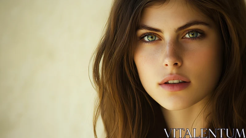Soft daylight portrait of young woman with green eyes.