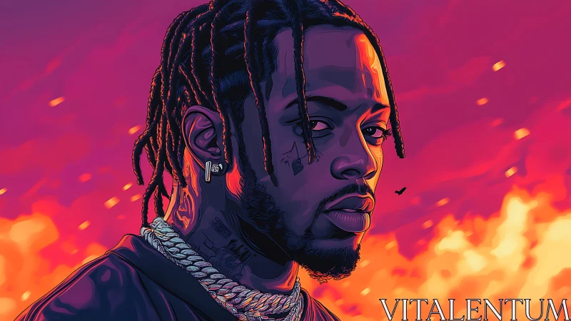 Neon twilight portrait of braided icon in blazing sky glow.