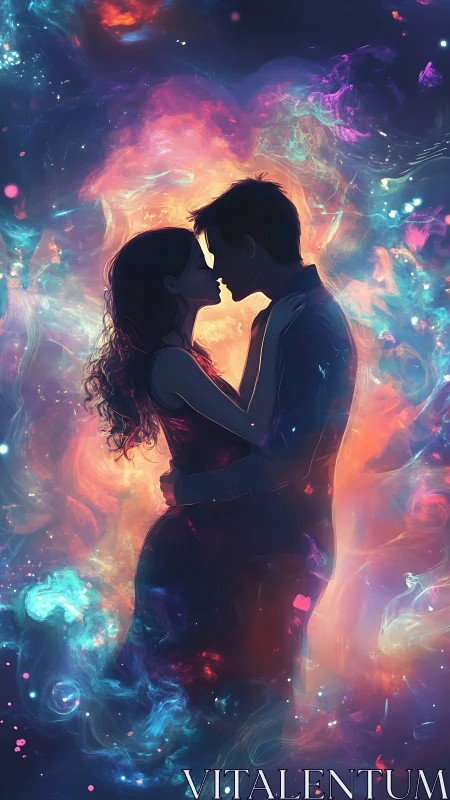 Silhouetted Couple Kissing Within Luminescent Particle Nebula.
