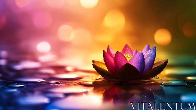 Vibrant digital lotus glowing over reflective water surface.