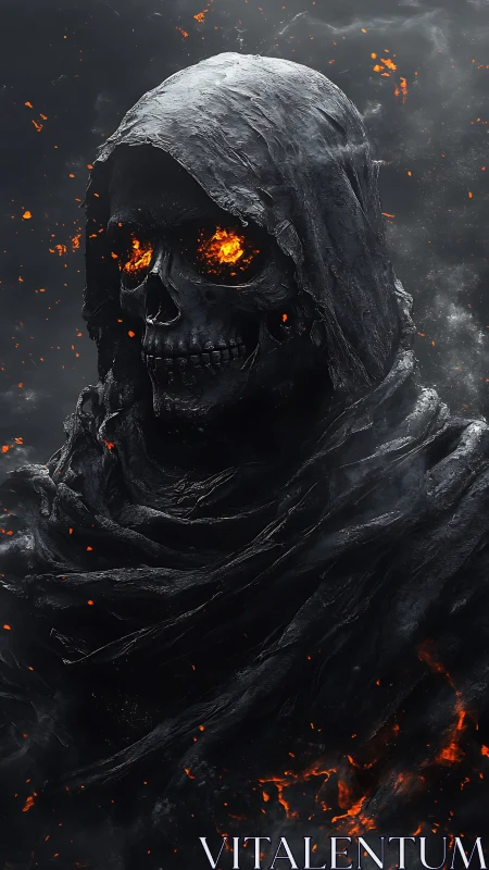 Hooded skeletal figure with molten eyes stands amid embers