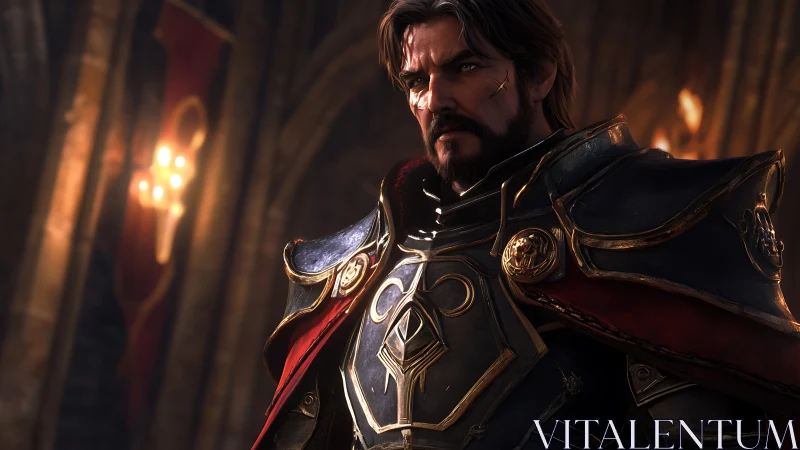 Armored knight in cathedral light with highly detailed metal shaders