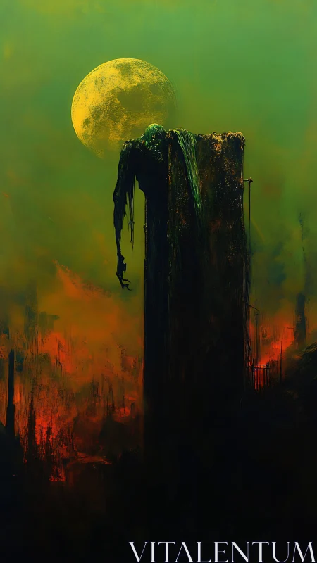 Gaunt figure on ruined tower beneath large yellow moon.