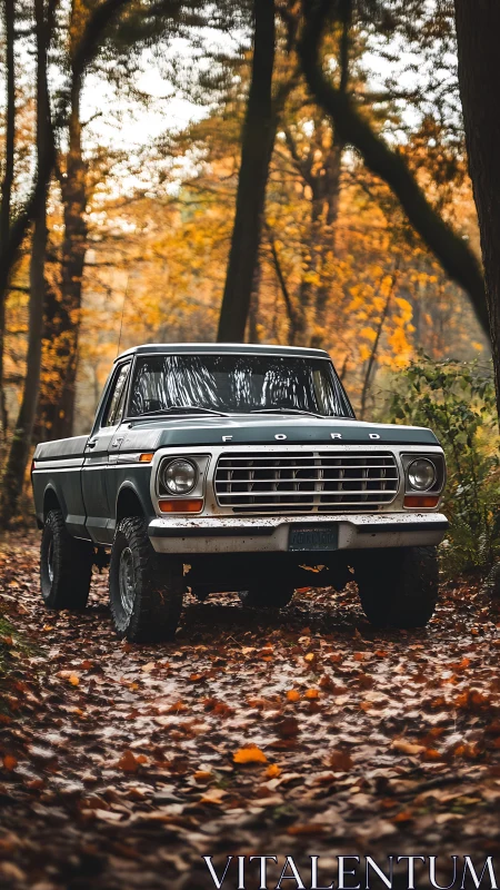 Classic forest truck paused on a golden autumn trail.