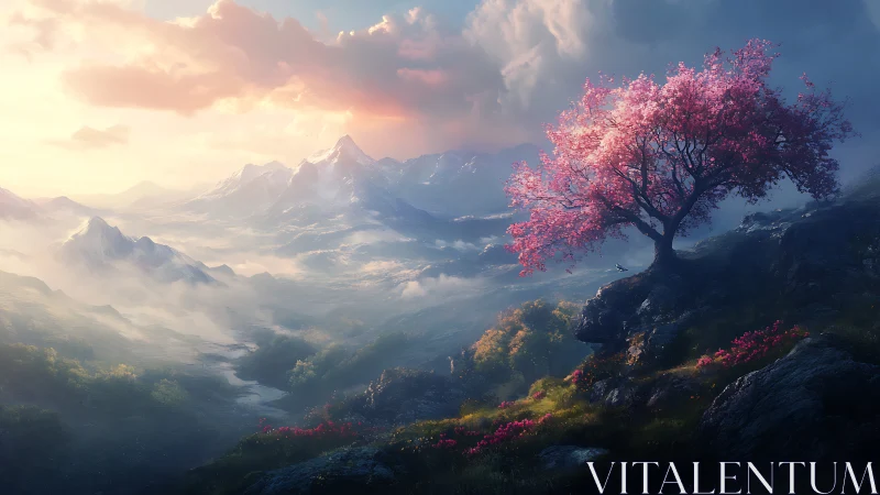 Digital painting of a lone cherry tree on luminous mountain ridge.
