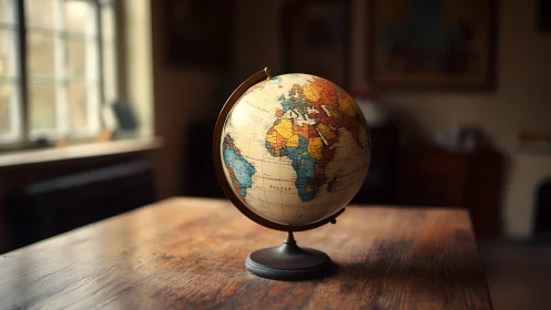 Illuminated vintage terrestrial globe on wooden study table