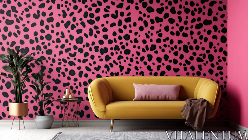 Bold pink leopard-pattern wall anchors modern living interior