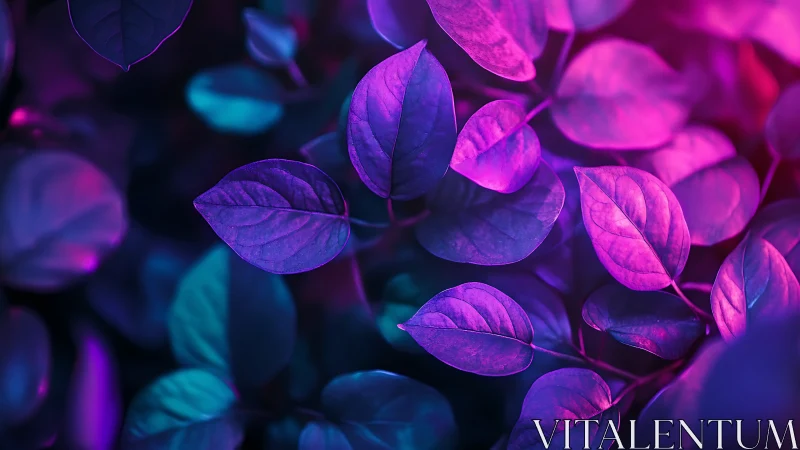 Neon-lit leaves show vivid magenta and cyan color gradients