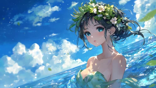 Anime girl stands in bright blue ocean under vivid sky
