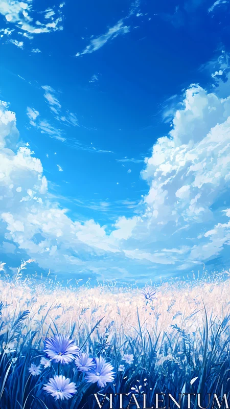 High chroma blue sky over stylized wildflower prairie field