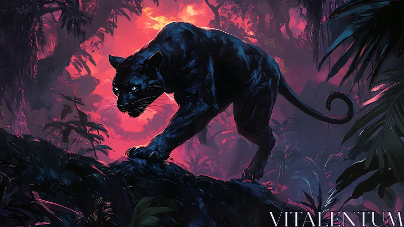 Black Panther Stalks Through Fiery Jungle at Twilight.