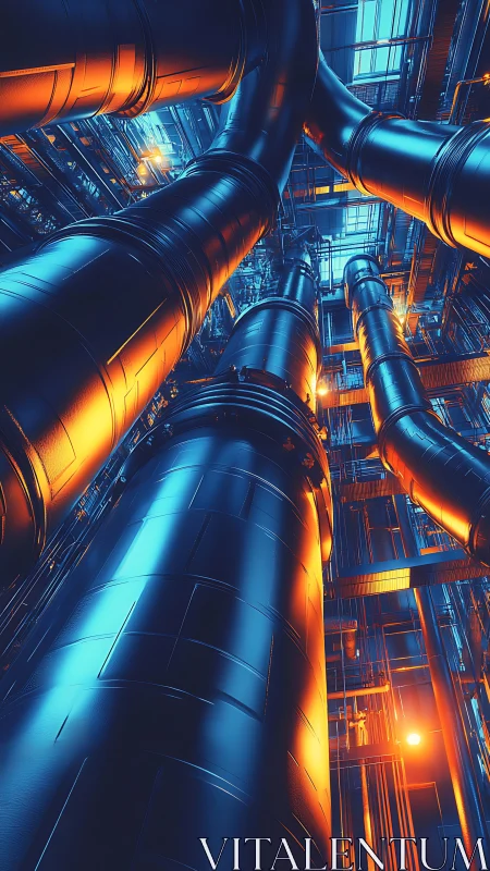 Futuristic industrial pipelines glow in blue and orange light.